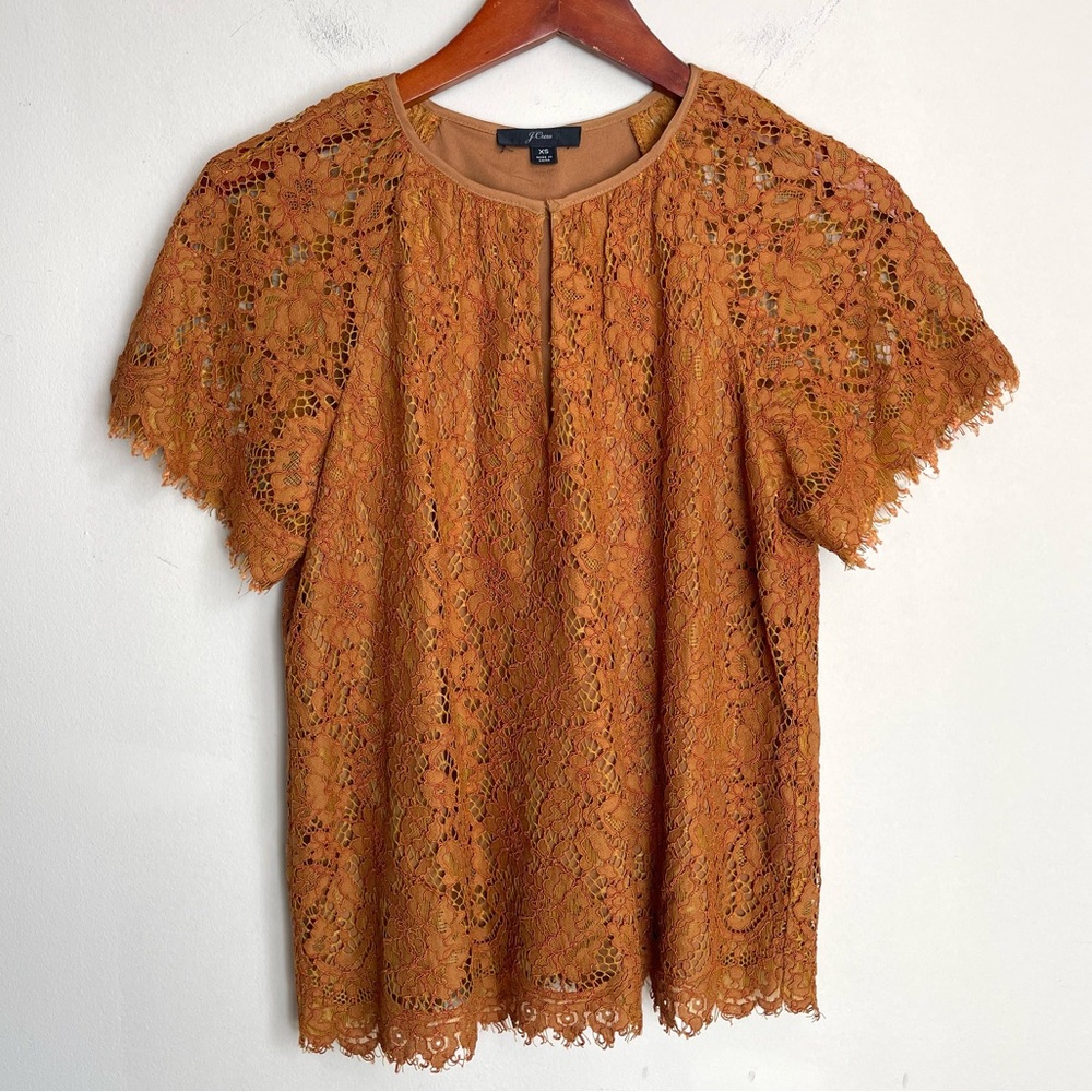 J.Crew Copper‎ Brown All Over Lace Short Sleeve Top w/ Keyhole Neckline Size XS
